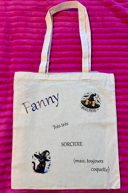 Tote bag noir en coton personnalisable L'univers féerique de Fanny
