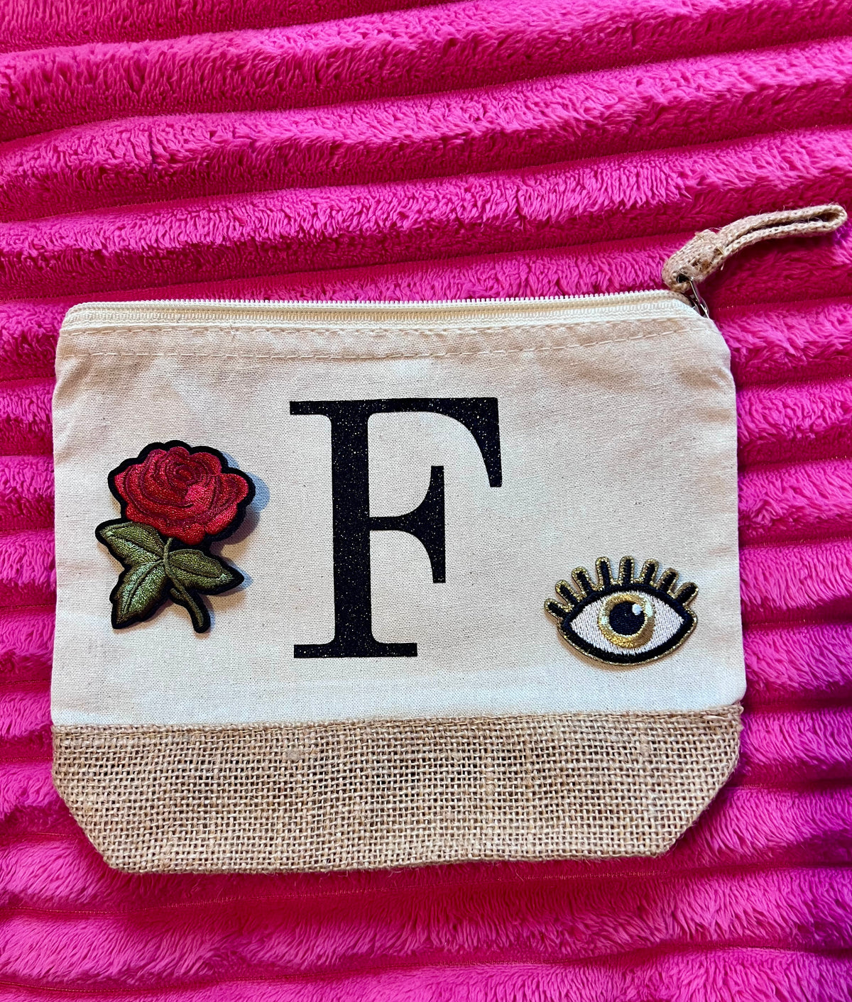 Trousse beige en coton et toile de jute personnalisable L'univers féerique de Fanny