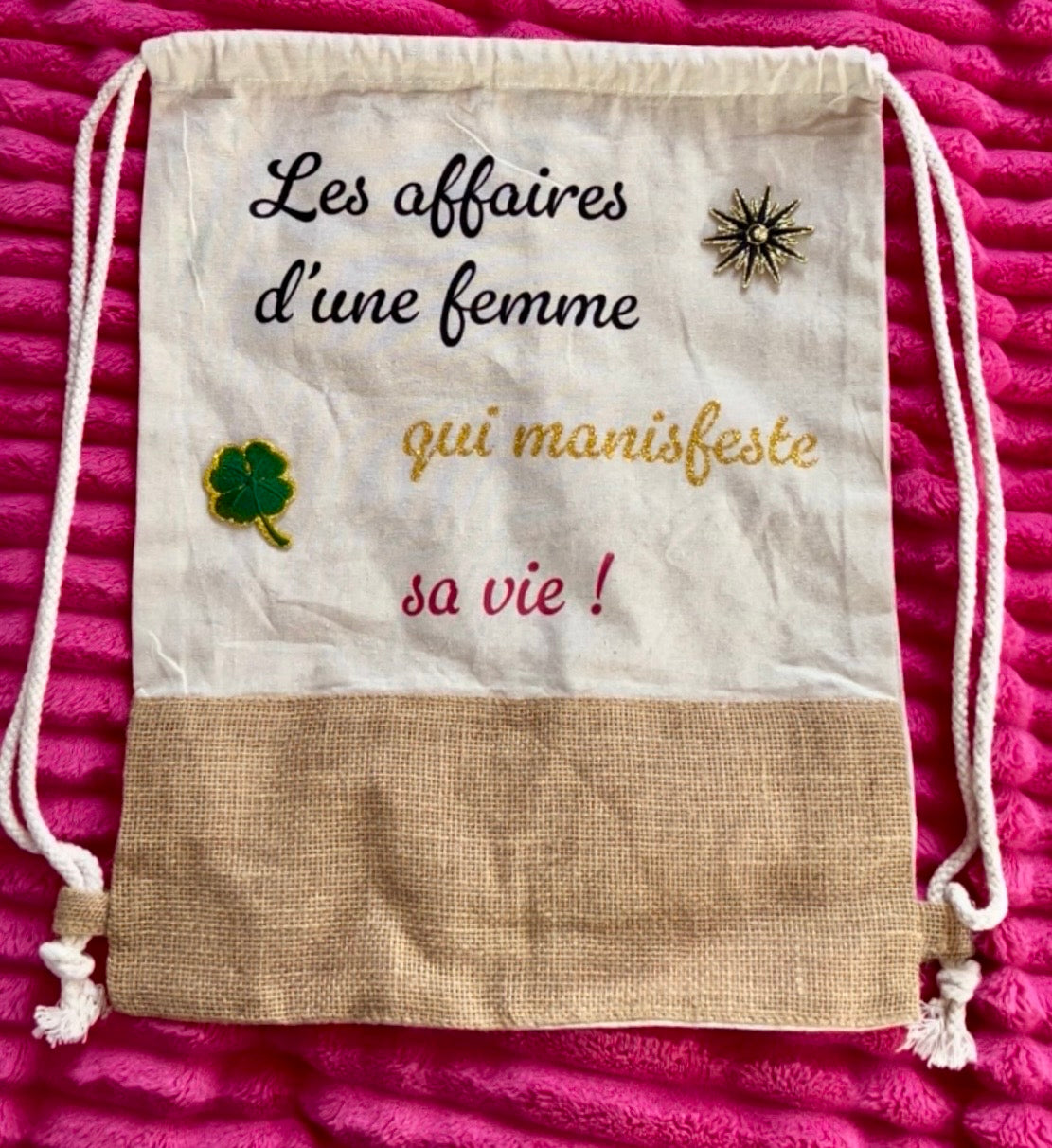 Sac à dos personnalisable en coton et toile de jute L'univers féerique de Fanny