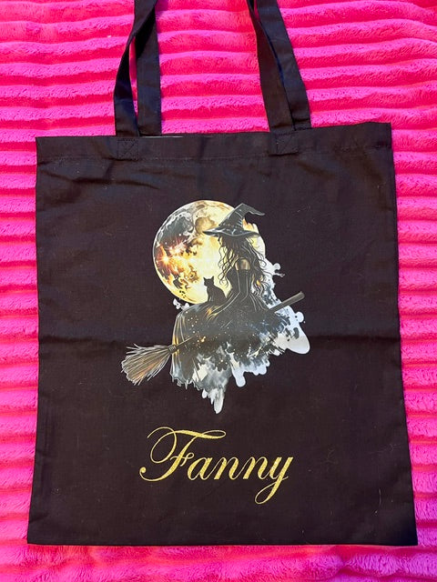 Tote bag noir en coton personnalisable L'univers féerique de Fanny